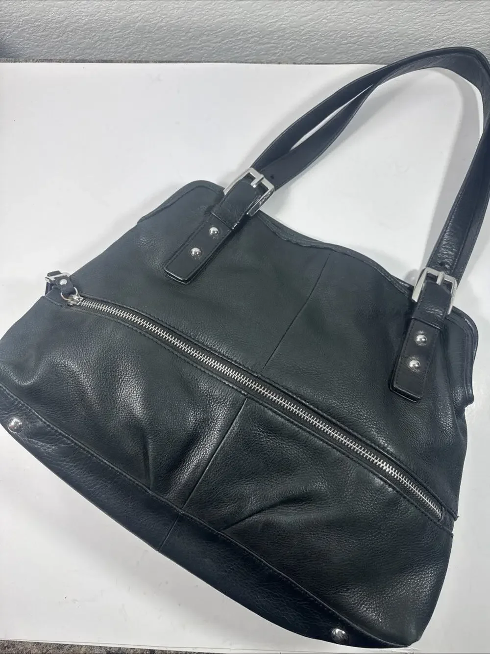 B Makowsky Large Hobo Bag Black Genuine Leather 2 Strap Silver Zipper Studs Moto